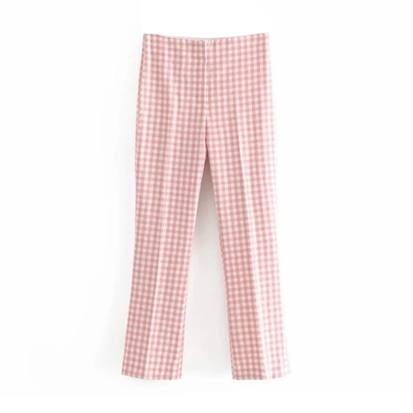 Aachoae Women Plaid Pants Elastic Waist Sheath Pencil Pants Lady Zipper Fly Pink Color Fashion Long Trousers Pantalon Femme