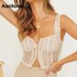 Aachoae Sexy Lace Tank Top Women Beige And Purple Color Holiday Cropped Tops Front Breasted See Through Party Short Cami Summer