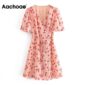 Aachoae Retro Floral Print Dress Summer V Neck Short Sleeve Elegant A Line Dress Women Bandage Casual Mini Dresses Lady Vestidos