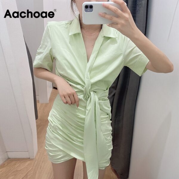 Aachoae Chic Pleated Green Mini Dress Women Fashion Short Sleeve Cotton Bodycon Dress Turn Down Collar Ladies Office Dresses