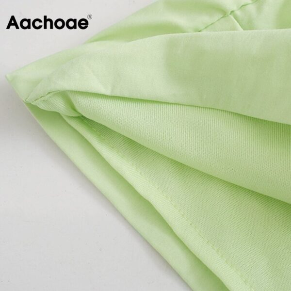 Aachoae Chic Pleated Green Mini Dress Women Fashion Short Sleeve Cotton Bodycon Dress Turn Down Collar Ladies Office Dresses