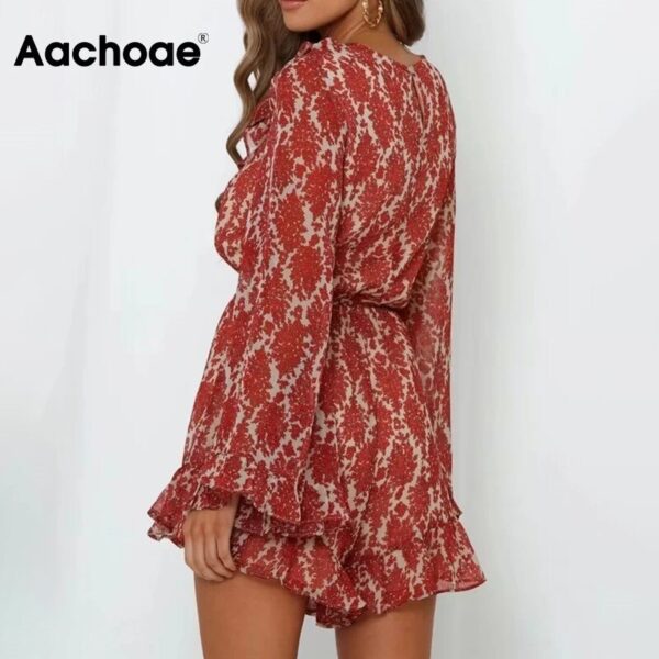 Aachoae Boho Floral Print Playsuit Women Summer 2020 Flare Long Sleeve Ruffle Party Bodysuit Chic V Neck Chiffon Beach Jumpsuit