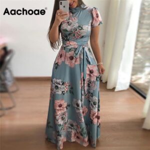 Aachoae Women Long Maxi Dress 2020 Floral Print Summer Dress Casual Short Sleeve Turtleneck Bandage Bodycon Party Dress Vestidos