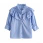Aachoae Elegant Blue Color Cotton Blouse Women Chic Hollow Out Embroidery Shirt Female V Neck Retro Ladies Tops Vetement Femme