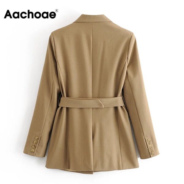 Aachoae Women Office Wear Khaki Blazer With Belt 2020 Double Breasted Vintage Jacket Coat Solid Long Sleeve Elegant Blazers