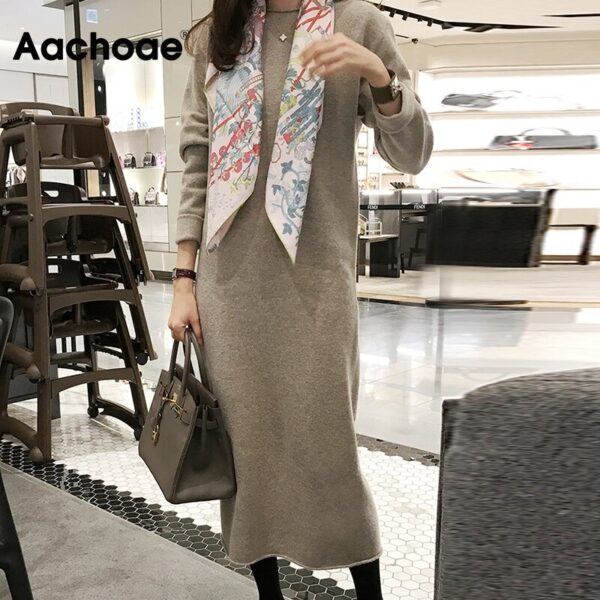 Aachoae O Neck Knitted Dress Women Batwing Long Sleeve Basic Casual Straight Dress Soft Home Style Lady Long Dresses Vestidos