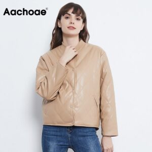 Aachoae Fashion Argyle Padded Jacket Women PU Faux Leather Long Sleeve Coat Female Loose Casual Ladies Winter Jackets 2020