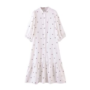 Aachoae Women Loose Print White Dress O Neck Lantern Half Sleeve Casual Midi Dress Female Plus Size Lady Pleated Dresses Vestido