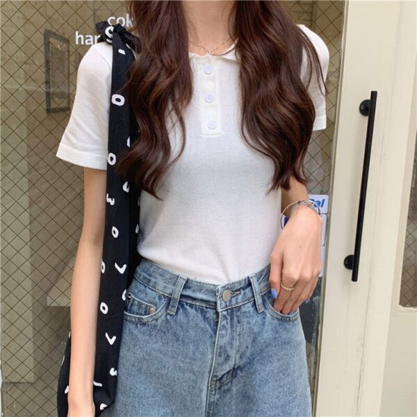 Aachoae Summer 2020 Casual Tshirts For Women Short Sleeve Elegant Knitted T Shirt Solid Color Turn Down Collar Ladies Short Tops