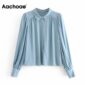 Aachoae Women Elegant Casual Solid Blouse 2020 Long Sleeve Stylish Pleated Blue Blouse Ladies Office Turn Down Collar Shirt Tops