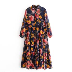 Aachoae Floral Print Boho Chiffon Dress Women Turn Down Collar Loose Shirt Dress Long Sleeve Pleated Beach Dresses Lady Vestido