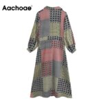 Aachoae-Women-Chic-Patchwork-Printed-Shirt-Dress-Vintage-Three-Quarter-Sleeve-Split-Dresses-Turn-Down-Collar-Office-Midi-Dress