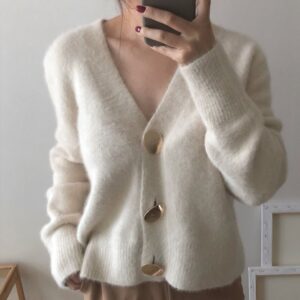 Women Short Wool Cardigan Cashmere Crop Sweater Solid Tops Winter Ladies V neck Jacket Female Loose Casual Thick Clothes korean