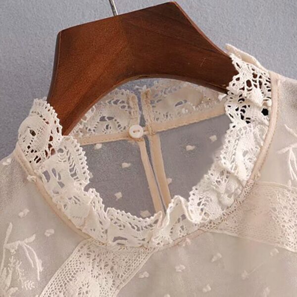 Aachoae Women Elegant Lace Mesh Patchwork Blouse See Through Long Sleeve Shirt Female Dot Floral Embroidery Vintage Blouses Top