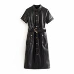 Aachoae-PU-Faux-Leather-Dress-Women-Short-Sleeve-Solid-Casual-Dress-Stylish-Turn-Down-Collar-Pockets-Dresses-With-Belt-Vestidos