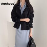 Aachoae-Solid-Elegant-Shirt-Dress-Women-Pleated-Stylish-Dress-Office-Wear-Midi-Dress-Turn-Down-Collar-Chic-Dresses-Ropa-De-Mujer