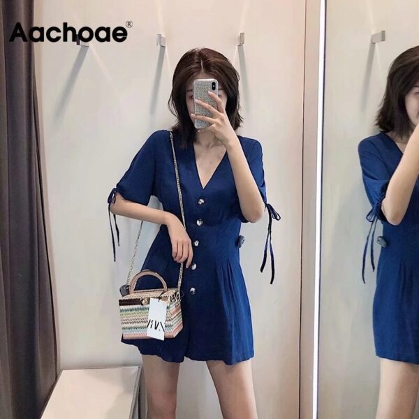 Aachoae Summer Navy Color Deep V Neck Playsuit Women Batwing Short Sleeve Elegant Playsuit Pleated Bow Cotton Linen Romper Lady