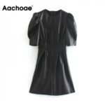Aachoae-Faux-Leather-Dress-Women-Sexy-Club-Puff-Short-Sleeve-Bodycon-Party-Dress-Vintage-Pleated-Tunic-Black-Mini-Dress-Vestidos
