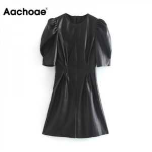Aachoae Faux Leather Dress Women Sexy Club Puff Short Sleeve Bodycon Party Dress Vintage Pleated Tunic Black Mini Dress Vestidos