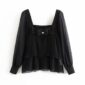 Aachoae Square Collar Chiffon Pleated Blouse Women Transparent Long Sleeve Bow Decorate Top Ladies Elegant Black Shirt 2020
