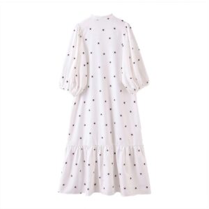 Aachoae Women Loose Print White Dress O Neck Lantern Half Sleeve Casual Midi Dress Female Plus Size Lady Pleated Dresses Vestido