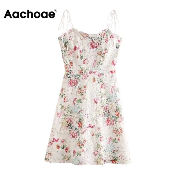 Aachoae Chic Lace Embroidery Spaghetti Strap Midi Dress Women Boho Floral Print Sleeveless Party Dress Backless Summer Sundress