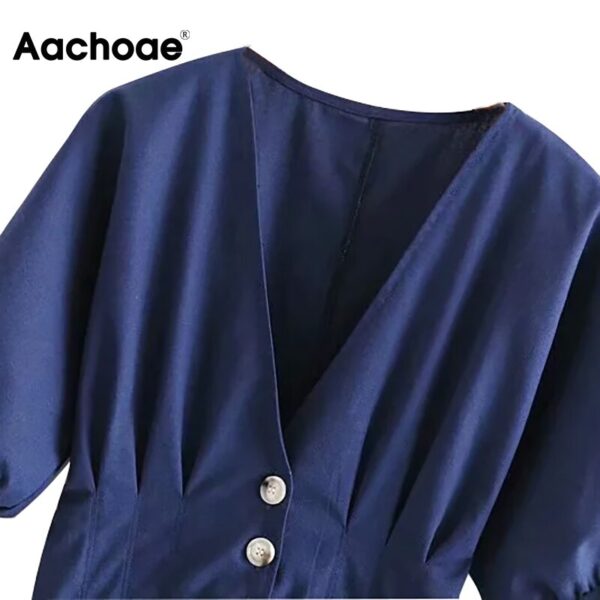 Aachoae Summer Navy Color Deep V Neck Playsuit Women Batwing Short Sleeve Elegant Playsuit Pleated Bow Cotton Linen Romper Lady