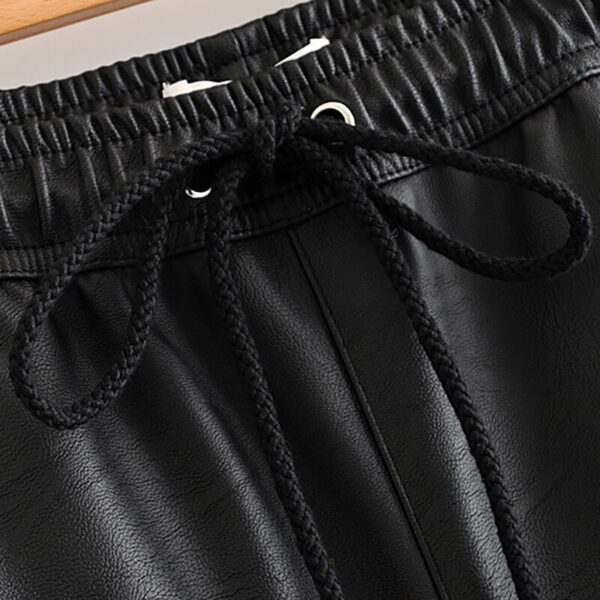Aachoae Women Black Chic PU Leather Pants Elastic Waist Long Length Elegant Bottoms Drawstring Tie Pockets Basic Female Trousers