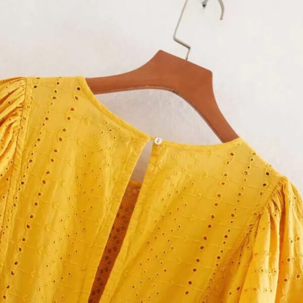 Aachoae Women Sweet O Neck Cotton Embroidery Mini Dress Summer Hollow Out Yellow Dresses Flare Short Sleeve Holiday Casual Dress