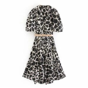 Aachoae Women Fashion Animal Print Midi Dress With Belt Puff Short Sleeve Ruffles Dresses Turn Down Collar Office Shirt Dress