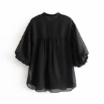 Aachoae-Solid-Black-Women-Shirt-Chic-Beading-Button-Three-Quarter-Sleeve-Ladies-Blouse-Sexy-See-Through-Shirt-Transparent-Blouse
