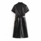 Aachoae PU Faux Leather Dress Women Short Sleeve Solid Casual Dress Stylish Turn Down Collar Pockets Dresses With Belt Vestidos