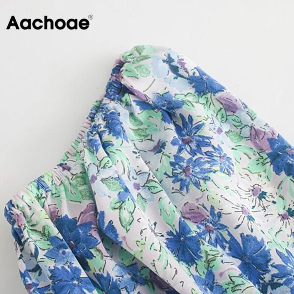 Aachoae Women Sweet V Neck Floral Print Bodysuit Puff Short Sleeve Pleated Jumpsuit Female Vintage Ladies Rumper Playsuit