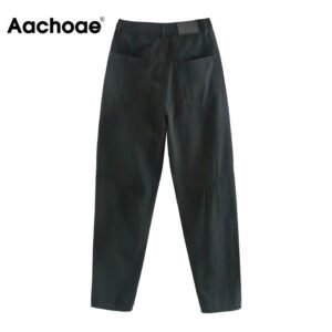 Aachoae Fashion Mom Jeans Women High Waist Cargo Pants Loose Pockets Solid Denim Trousers Zipper Fly Long Jeans Ladies Bottoms