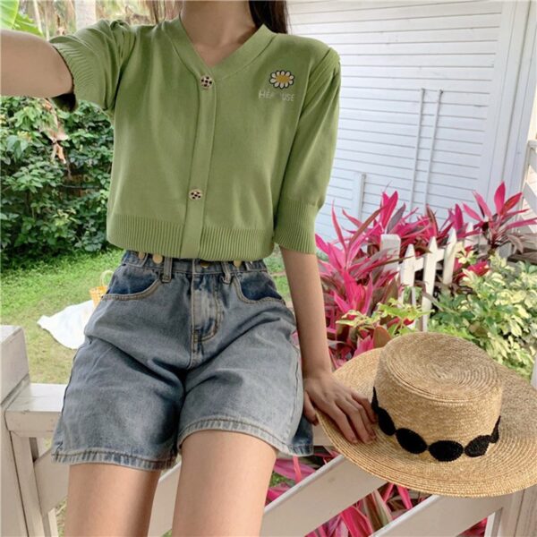 Aachoae Sweet Floral Embroidery Knitted Top Women Chic V Neck Summer T Shirt Puff Short Sleeve Casual Tunic Tops Camiseta Mujer