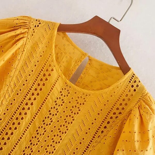 Aachoae Women Sweet O Neck Cotton Embroidery Mini Dress Summer Hollow Out Yellow Dresses Flare Short Sleeve Holiday Casual Dress
