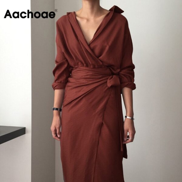 Aachoae Chic V Neck Wrap Dress Women Solid Long Sleeve Elegant Office Ladies Dresses 2020 Vintage Midi Dress Vestidos Mujer