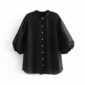 Aachoae Solid Black Women Shirt Chic Beading Button Three Quarter Sleeve Ladies Blouse Sexy See Through Shirt Transparent Blouse