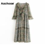 Aachoae-Vintage-Floral-Print-Chiffon-Long-Dress-Women-V-Neck-Ruffle-Party-Dress-Three-Quarter-Sleeve-Ladies-Casual-Midi-Dresses