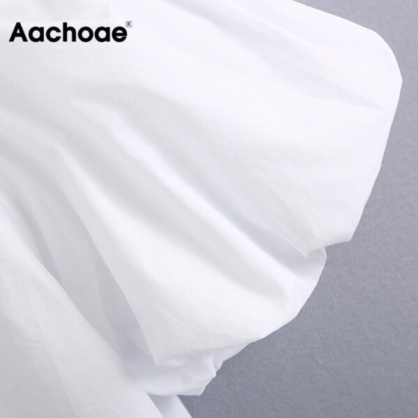 Aachoae Women Elegant Lace Patchwork White Cotton Blouse Fashion Faux Pearl Beading Tunic Top Puff Short Sleeve Female Shirts