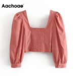 Aachoae-Women-Vintage-Pink-Cropped-Blouses-2020-Lace-Decorate-Long-Sleeve-Pleated-Cotton-Blouse-Chic-Square-Collar-Stretch-Shirt
