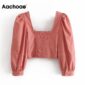Aachoae Women Vintage Pink Cropped Blouses 2020 Lace Decorate Long Sleeve Pleated Cotton Blouse Chic Square Collar Stretch Shirt