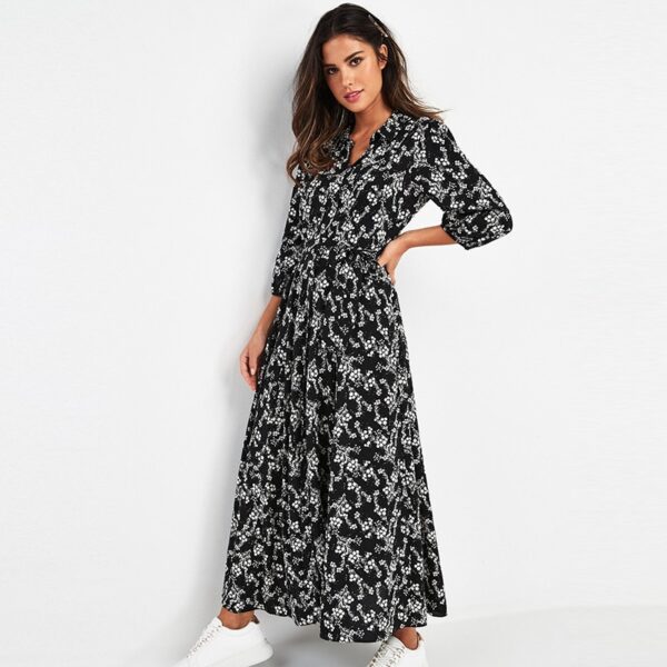 Aachoae 2020 Women Long Printed Dresses Three Quarter Sleeve Bohemian Maxi Dress Turn Down Collar Shirt Dress Vestidos Mujer