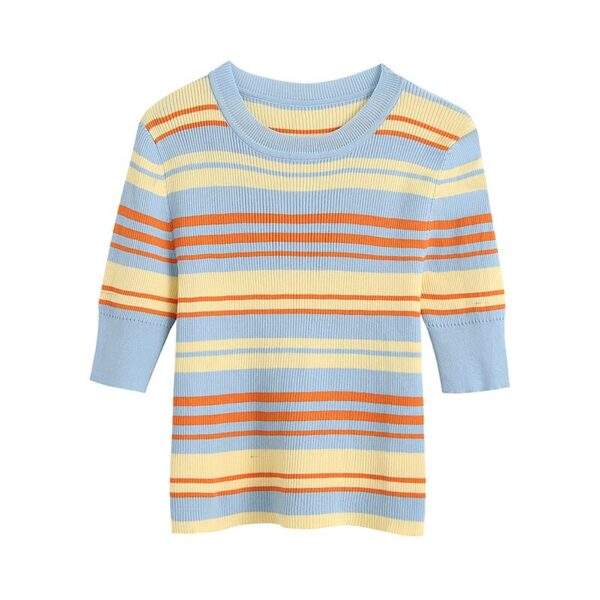 Aachoae Fashion Multicolor Striped Knitted T Shirt Women Casual O Neck Bodycon Tops Ladies Short Sleeve Summer Tunic Tshirts
