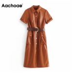 Aachoae-Women-Streetwear-PU-Leather-Dress-Pleated-Short-Sleeve-Sashes-Lady-Knee-Length-Dresses-Turn-Down-Collar-Pockets-Vestido