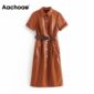 Aachoae Women Streetwear PU Leather Dress Pleated Short Sleeve Sashes Lady Knee Length Dresses Turn Down Collar Pockets Vestido