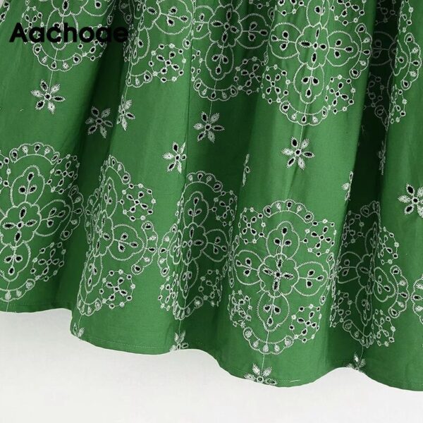 Aachoae Chic Floral Embroidery Mini Dress Women Vintage Puff Sleeve Green Pleated Dress Female Square Collar Casual Dresses