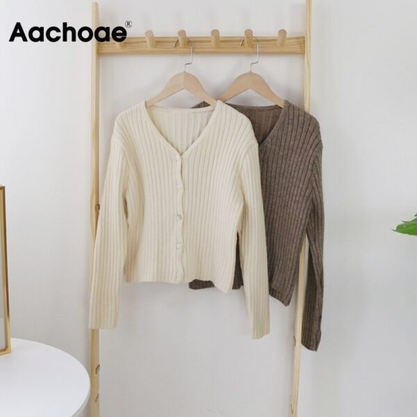 Aachoae Solid Color Cardigan Sweater Women Elegant V Neck Knitted Tops Long Sleeve Casual Cardigans Autumn Winter Pull Femme