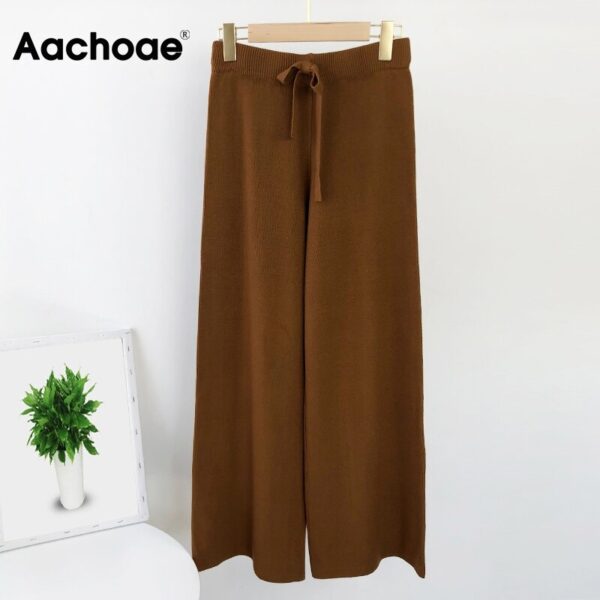 Aachoae 2020 Lady Solid Knit Pants Loose Wide Leg Long Length Pants Female Drawstring Casual Office Home Wear Trousers Pantalon