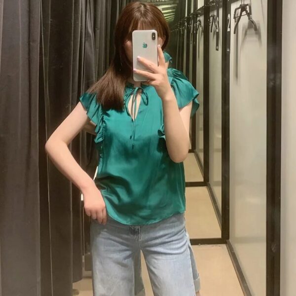 Aachoae Chic Women Green Ruffle Blouses 2020 Bow Tie Hollow Out Top Shirt Female Short Sleeve Solid Casual Blouse Blusas Mujer